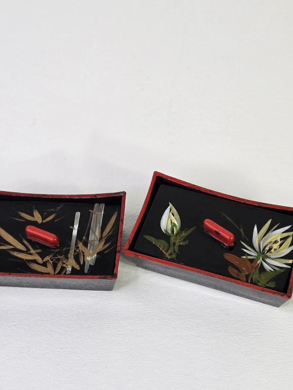 Vtg Japanese Lacquerware Box Set Urushi Maki-e Floral Bamboo Black Red Hand Pain